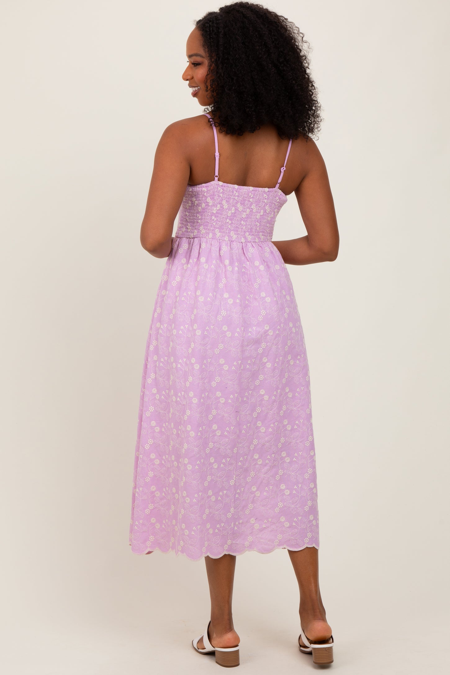 Lavender Floral Embroidered Scallop Detail Midi Dress