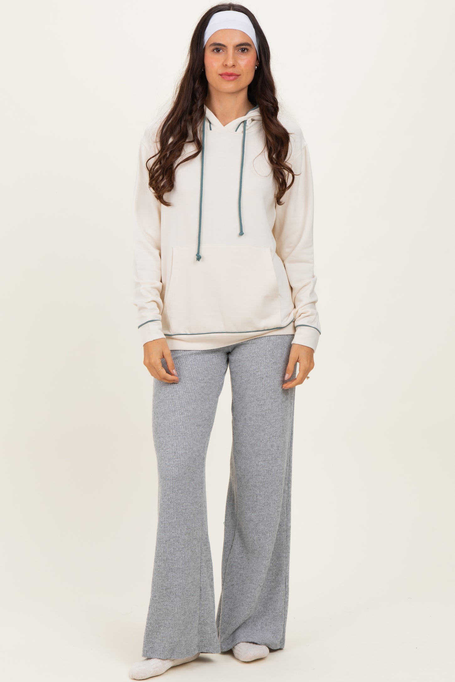 Cream Light Olive Contrast Drawstring Maternity Hoodie