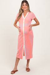 Pink Striped Button Down Maternity Midi Dress