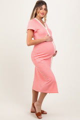 Pink Striped Button Down Maternity Midi Dress