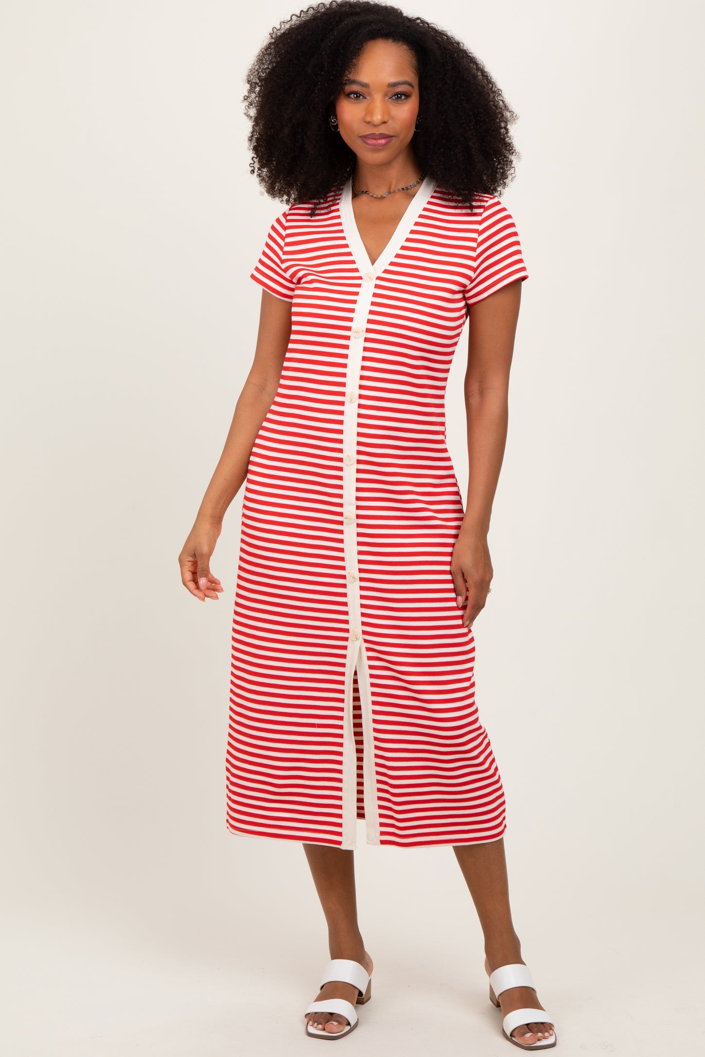 Red Striped Button Down Maternity Midi Dress
