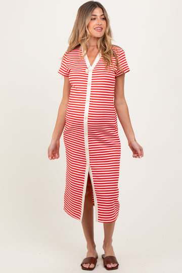 Red Striped Button Down Maternity Midi Dress