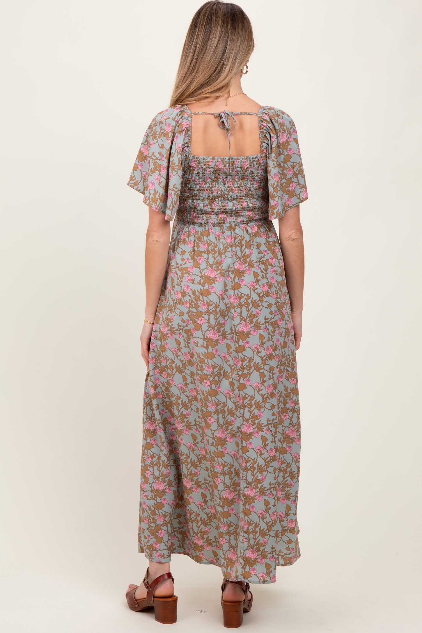 Blue Floral Smocked Flutter Sleeve Maternity Maxi Dress