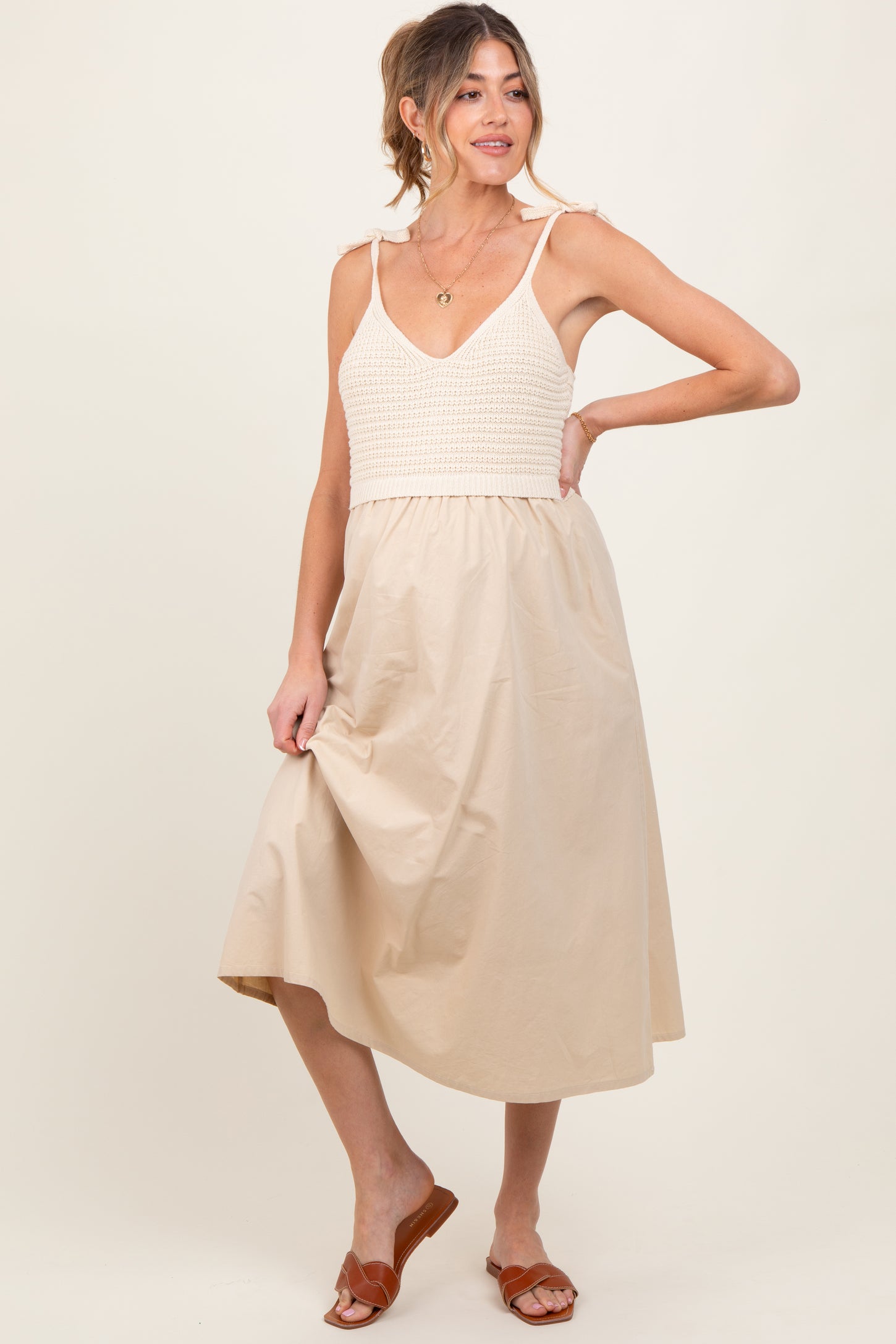 Cream Contrast Knit Bodice Maternity Midi Dress