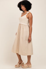 Cream Contrast Knit Bodice Midi Dress