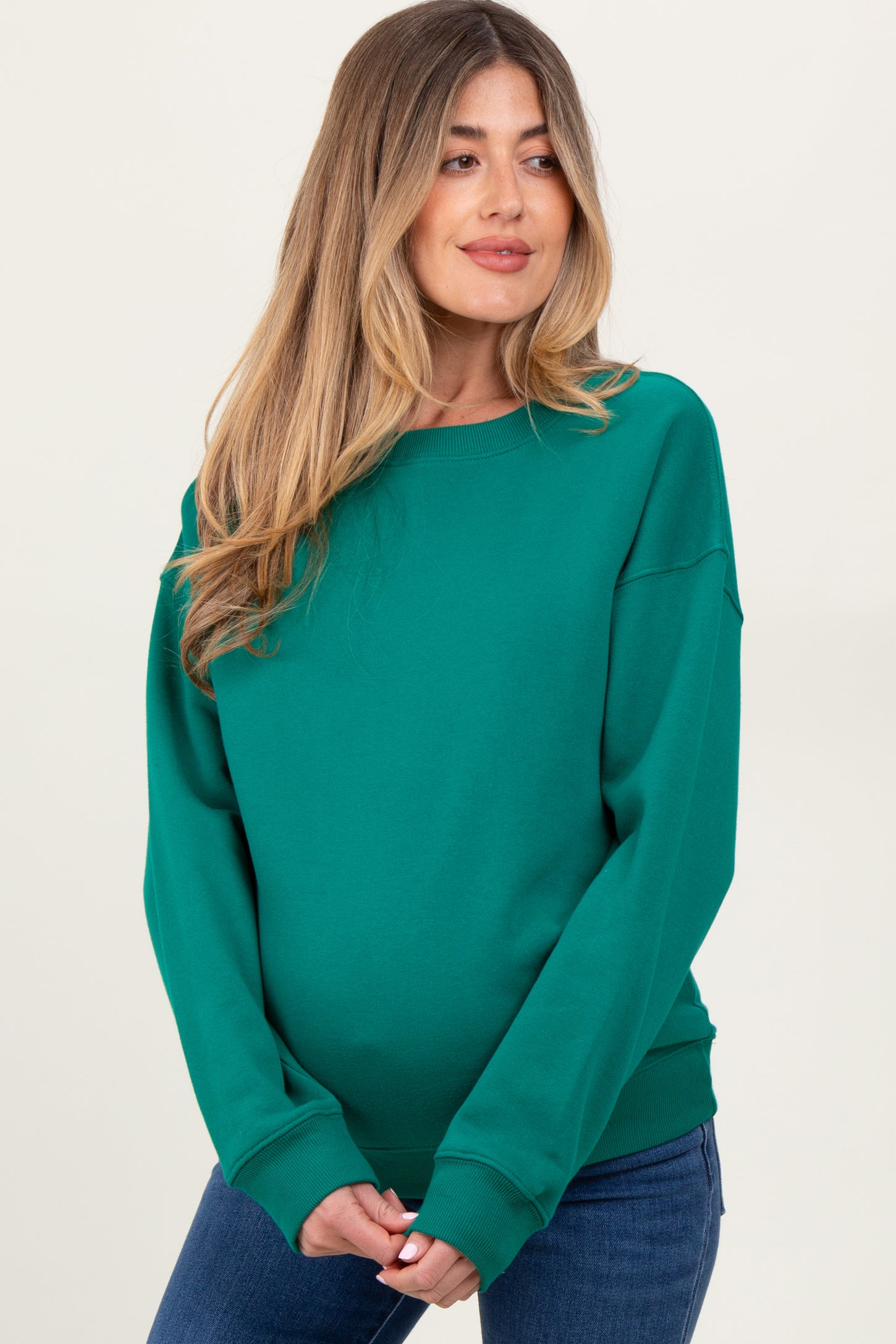 Forest Green Basic Fleece Crewneck Maternity Sweatshirt