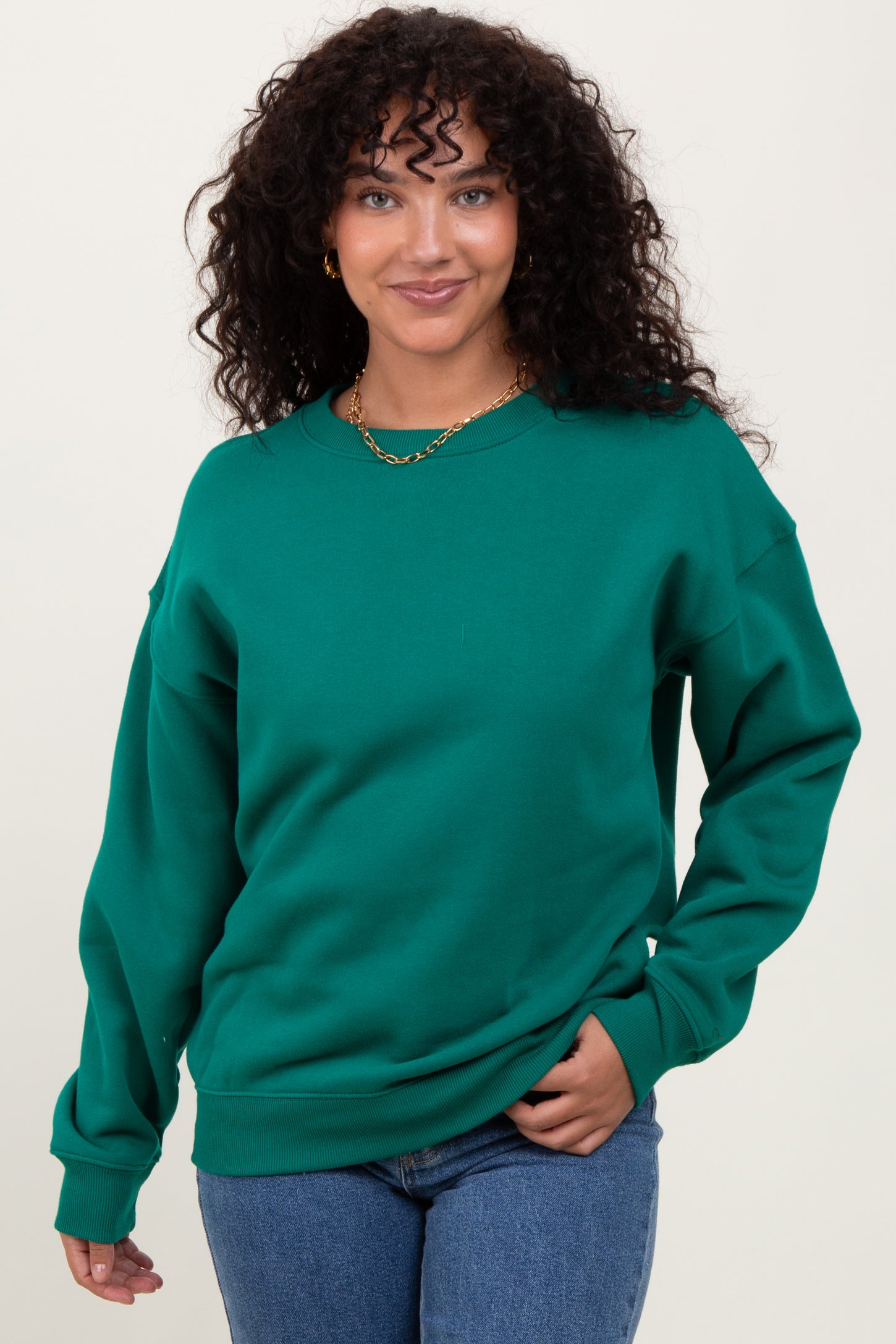 Forest Green Basic Fleece Crewneck Maternity Sweatshirt