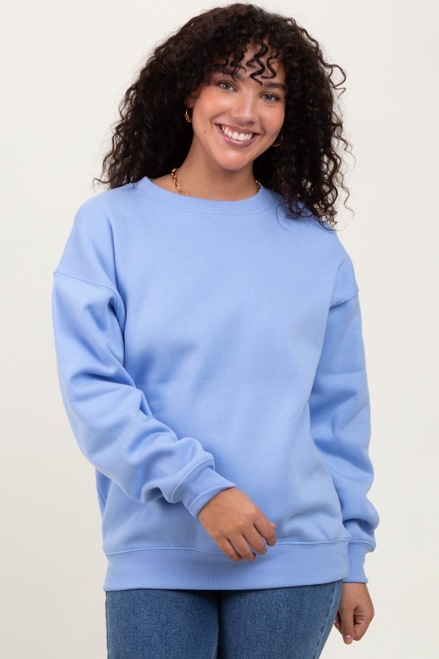 Light Blue Basic Fleece Crewneck Maternity Sweatshirt