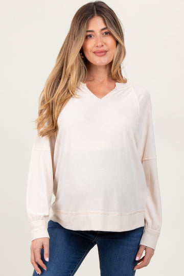Cream Oversized V-Neck Waffle Knit Maternity Long Sleeve Top