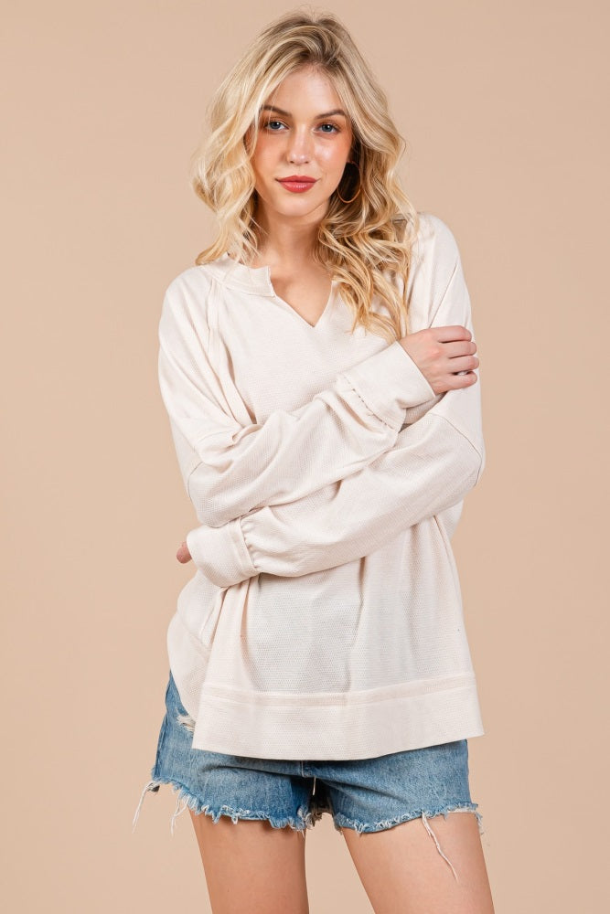 Cream Oversized V-Neck Waffle Knit Maternity Long Sleeve Top