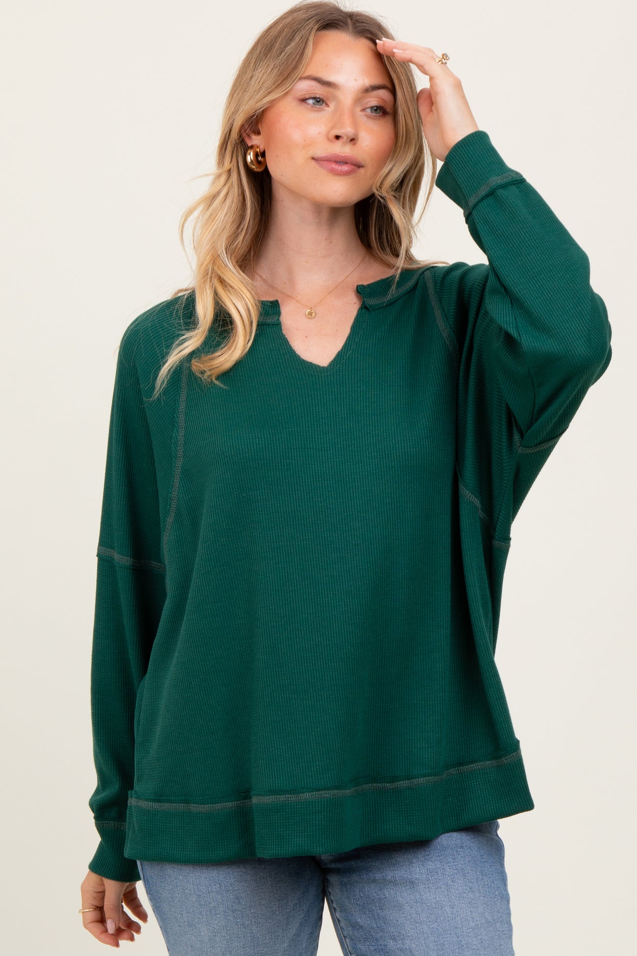Forest Green Oversized V-Neck Waffle Knit Long Sleeve Top