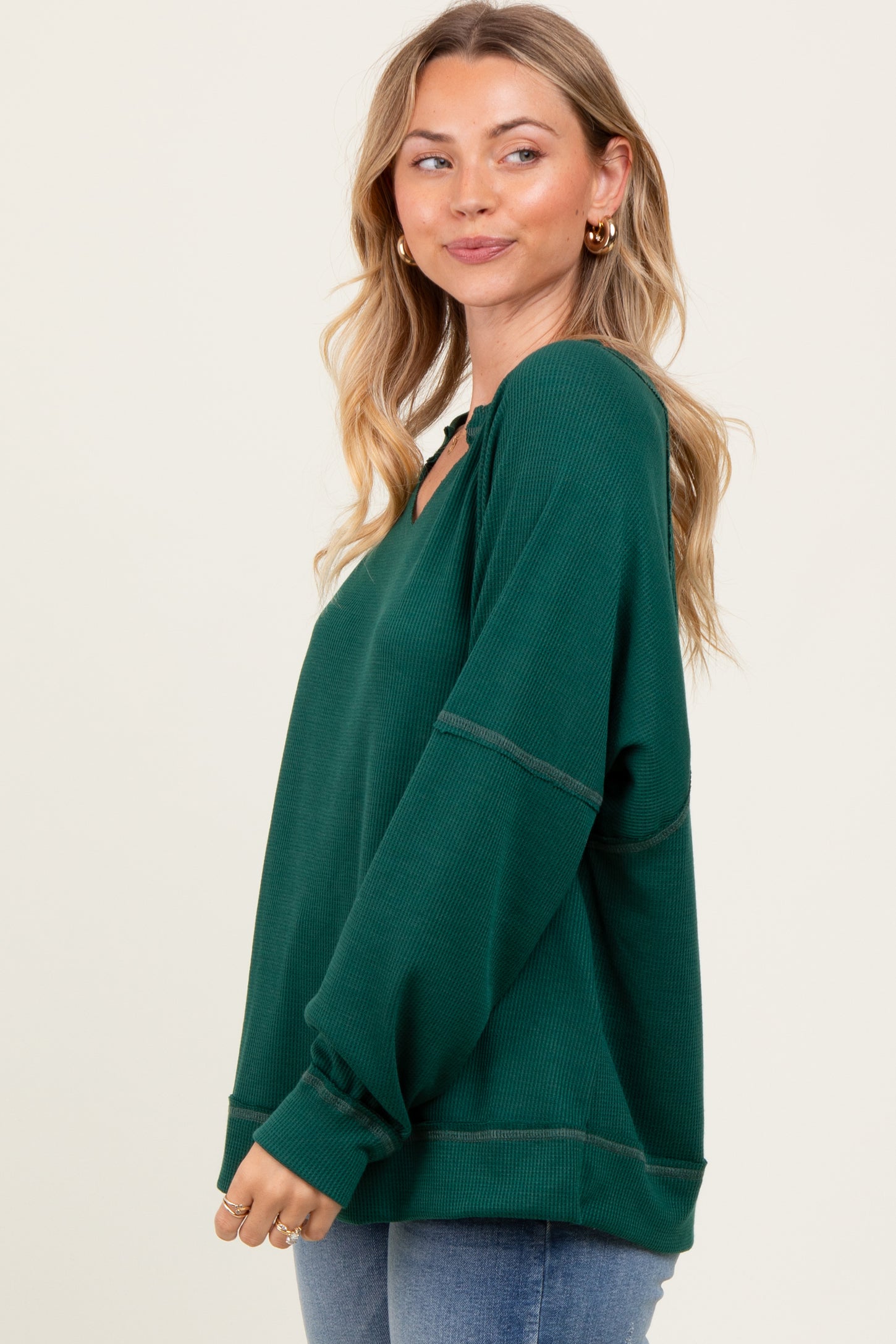 Forest Green Oversized V-Neck Waffle Knit Long Sleeve Top