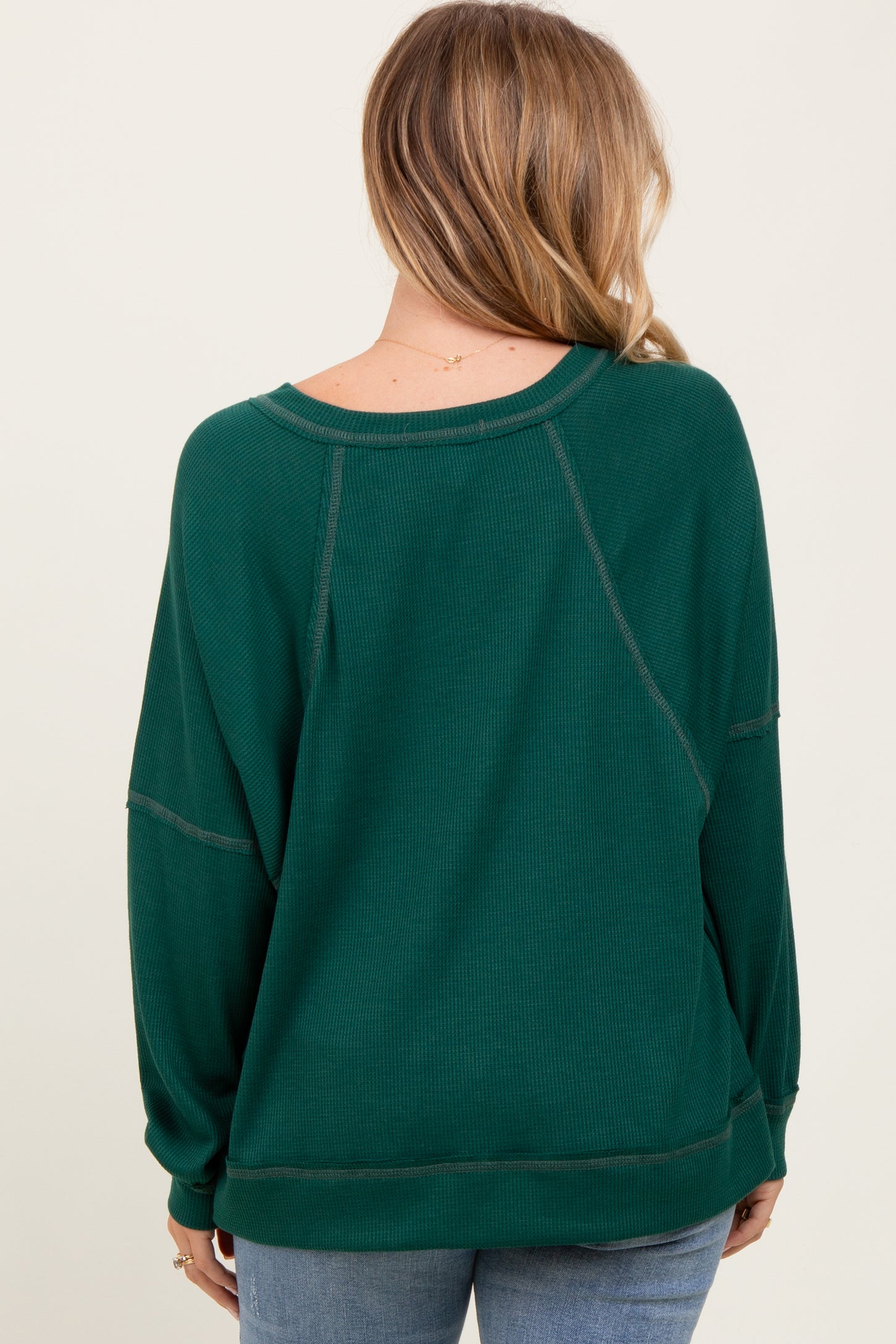 Forest Green Oversized V-Neck Waffle Knit Long Sleeve Top