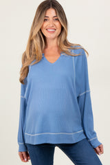 Light Blue Oversized V-Neck Waffle Knit Maternity Long Sleeve Top