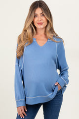 Light Blue Oversized V-Neck Waffle Knit Maternity Long Sleeve Top