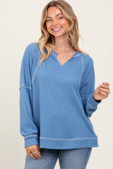 Light Blue Oversized V-Neck Waffle Knit Long Sleeve Top
