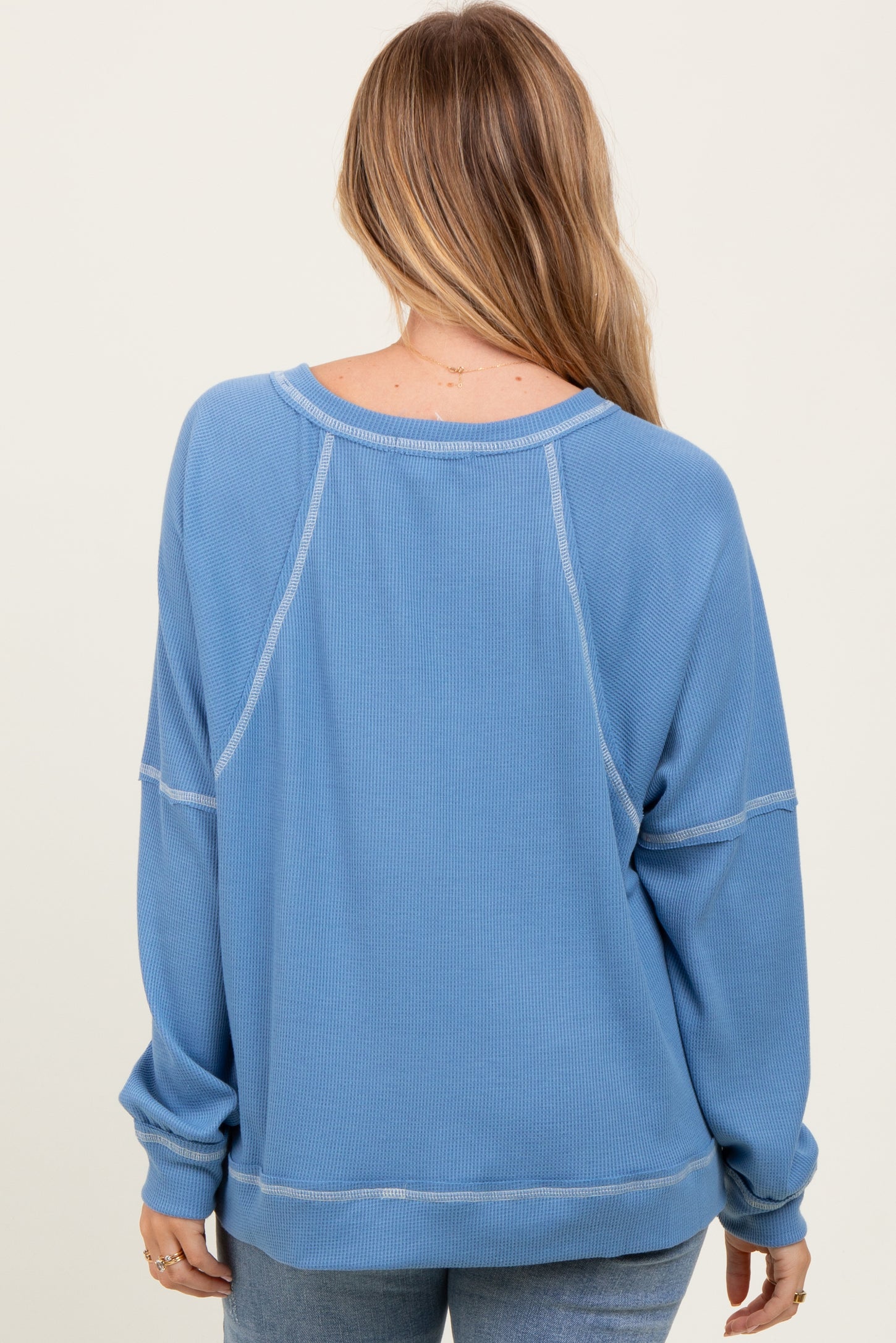 Light Blue Oversized V-Neck Waffle Knit Long Sleeve Top