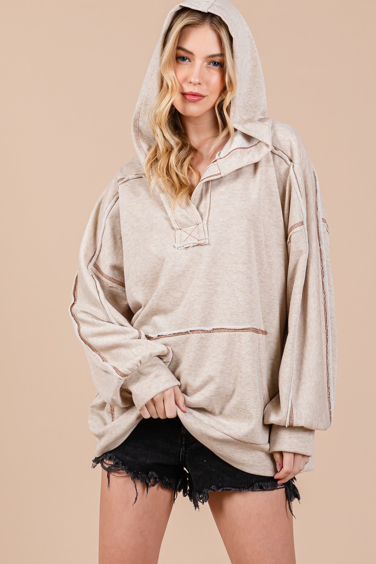 Beige Oversized Raw Hem Maternity Hoodie
