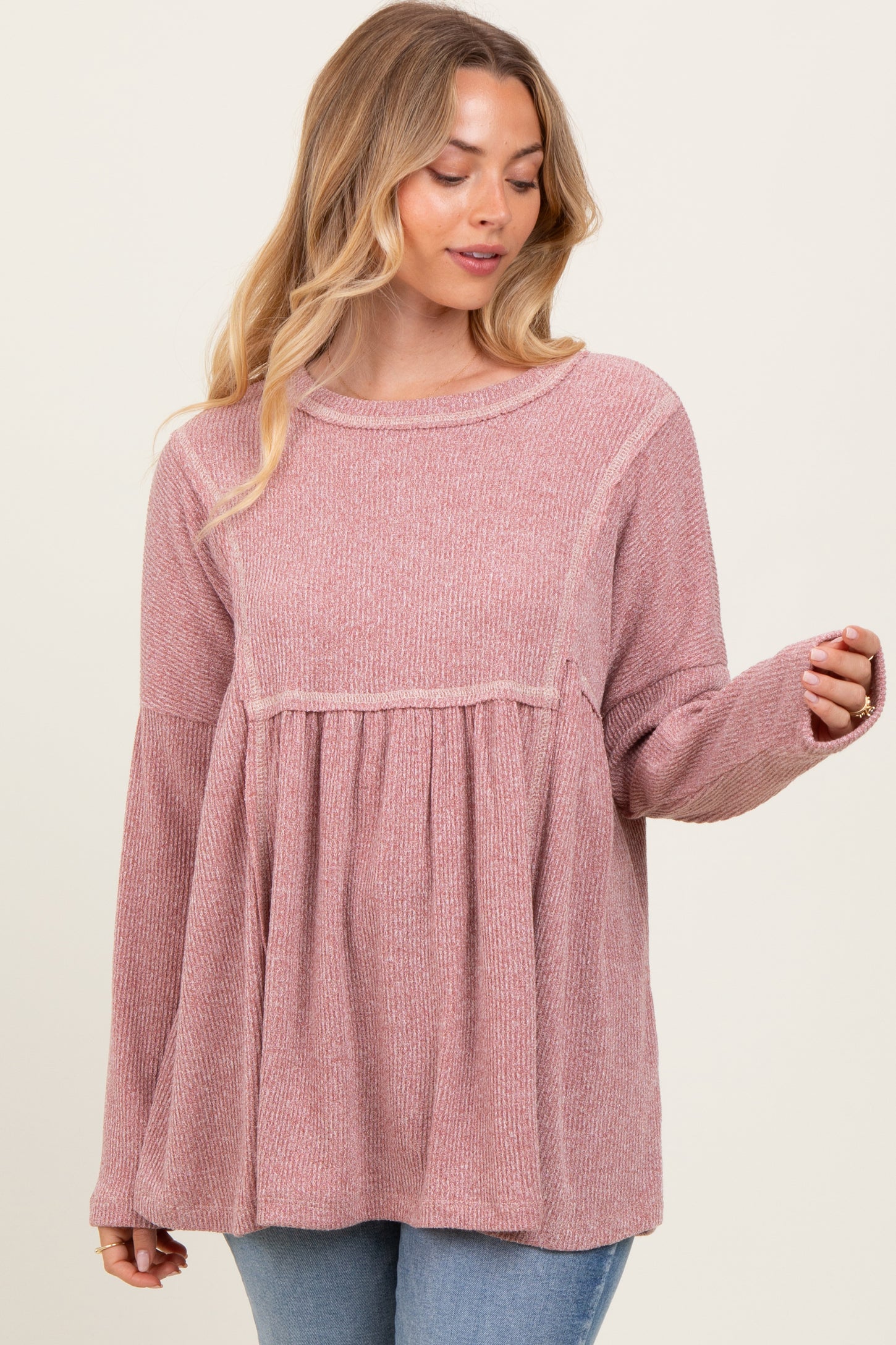 Mauve Ribbed Brushed Knit Oversized Long Sleeve Top