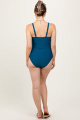 Teal Crossover V-Neck Sash Tie Ruched Maternity Swimsuit