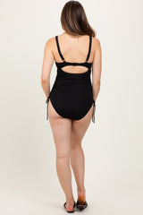 Black Ribbed O-Ring Cutout Tie Side Maternity Swimsuit