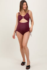 Plum Ribbed O-Ring Cutout Tie Side Maternity Swimsuit