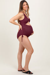 Plum Ribbed O-Ring Cutout Tie Side Maternity Swimsuit
