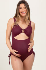 Plum Ribbed O-Ring Cutout Tie Side Maternity Swimsuit
