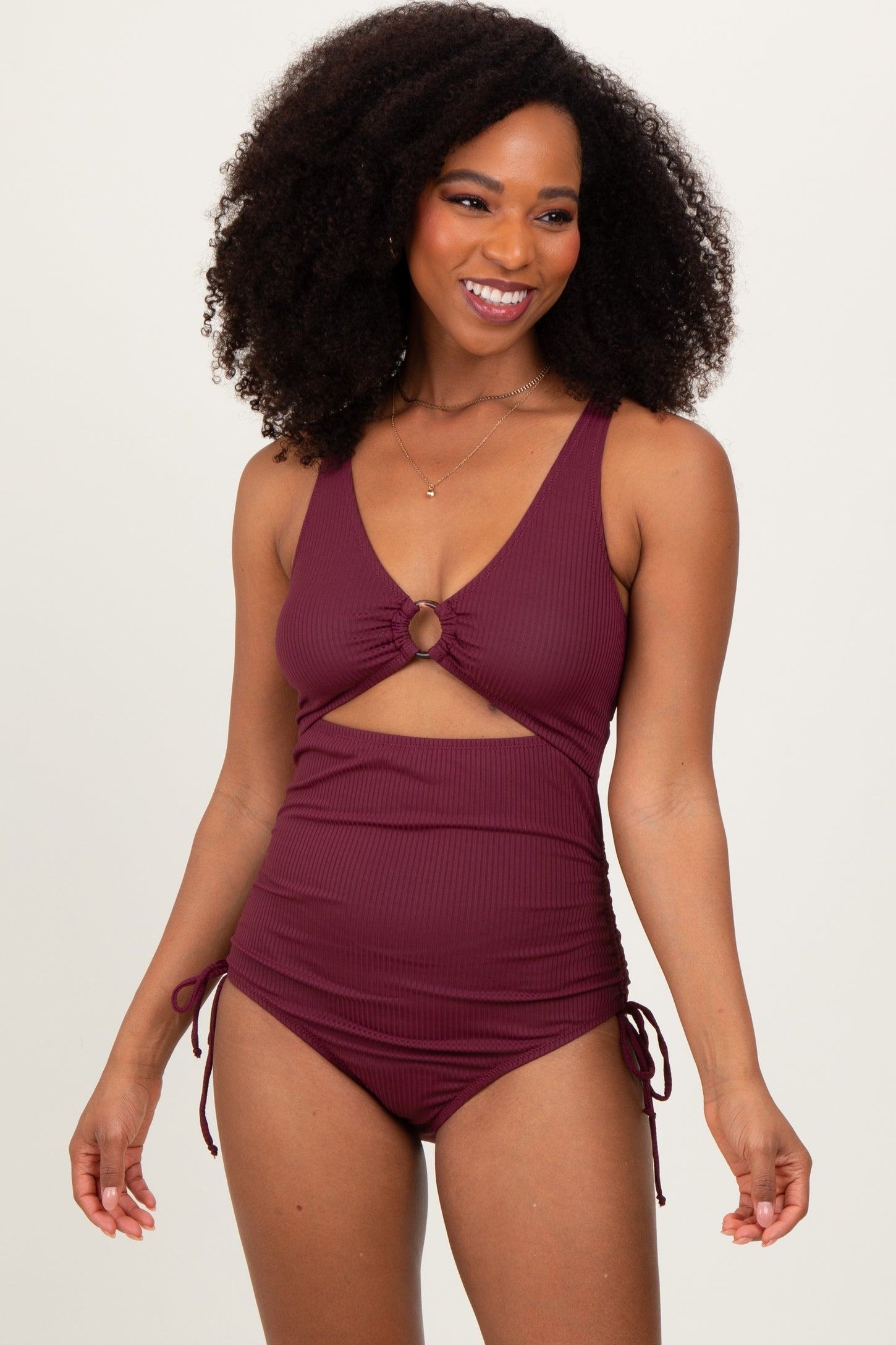Plum Ribbed O-Ring Cutout Tie Side Maternity Swimsuit