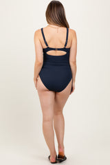 Navy Ribbed O-Ring Cutout Tie Side Maternity Swimsuit