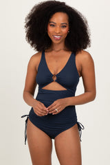 Navy Ribbed O-Ring Cutout Tie Side Maternity Swimsuit