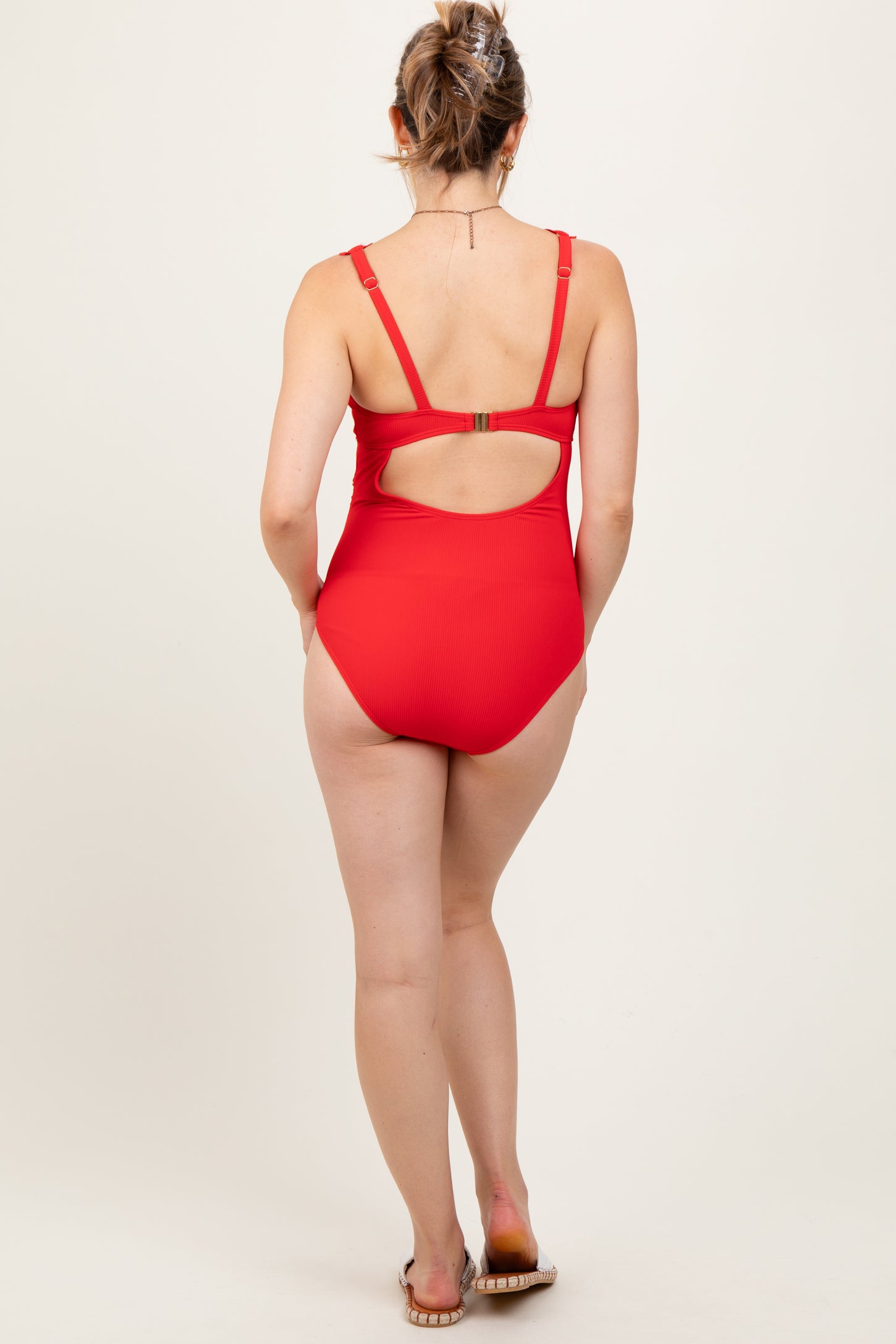 Red Scallop Trim Maternity One Piece Swimsuit