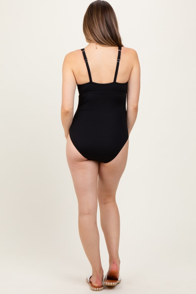 Black Ribbed Split Neckline Maternity Swimsuit