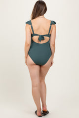 Olive Ribbed Front Tie Cutout Ruched Maternity Swimsuit