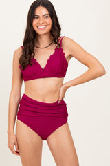 Magenta Scalloped V-Neck High Waist Two-Piece Swimsuit