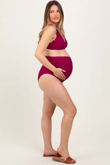Magenta Scalloped V-Neck High Waist Two-Piece Maternity Swimsuit