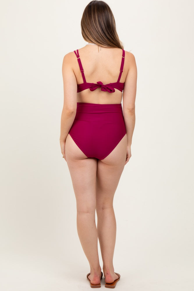Magenta Scalloped V-Neck High Waist Two-Piece Maternity Swimsuit