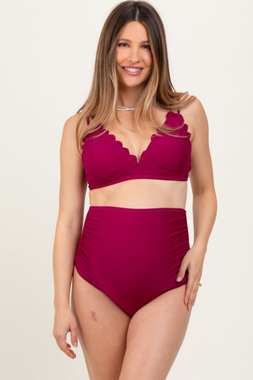 Magenta Scalloped V-Neck High Waist Two-Piece Maternity Swimsuit
