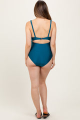 Teal Ruched Sides Front Cutout Maternity One Piece Swimsuit