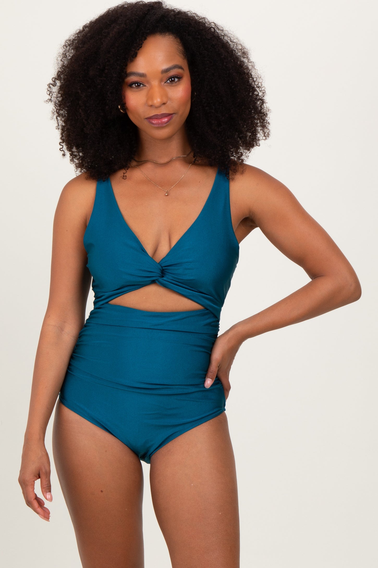 Teal Ruched Sides Front Cutout One Piece Swimsuit