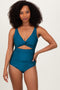 Teal Ruched Sides Front Cutout One Piece Swimsuit