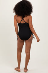 Black Ribbed O-Ring Strap Side Tie Swimsuit