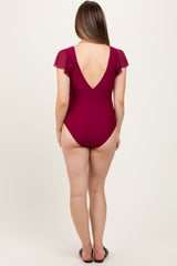Burgundy Crochet Detail Ruched Maternity One Piece Swimsuit