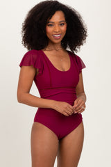 Burgundy Crochet Detail Ruched One Piece Swimsuit
