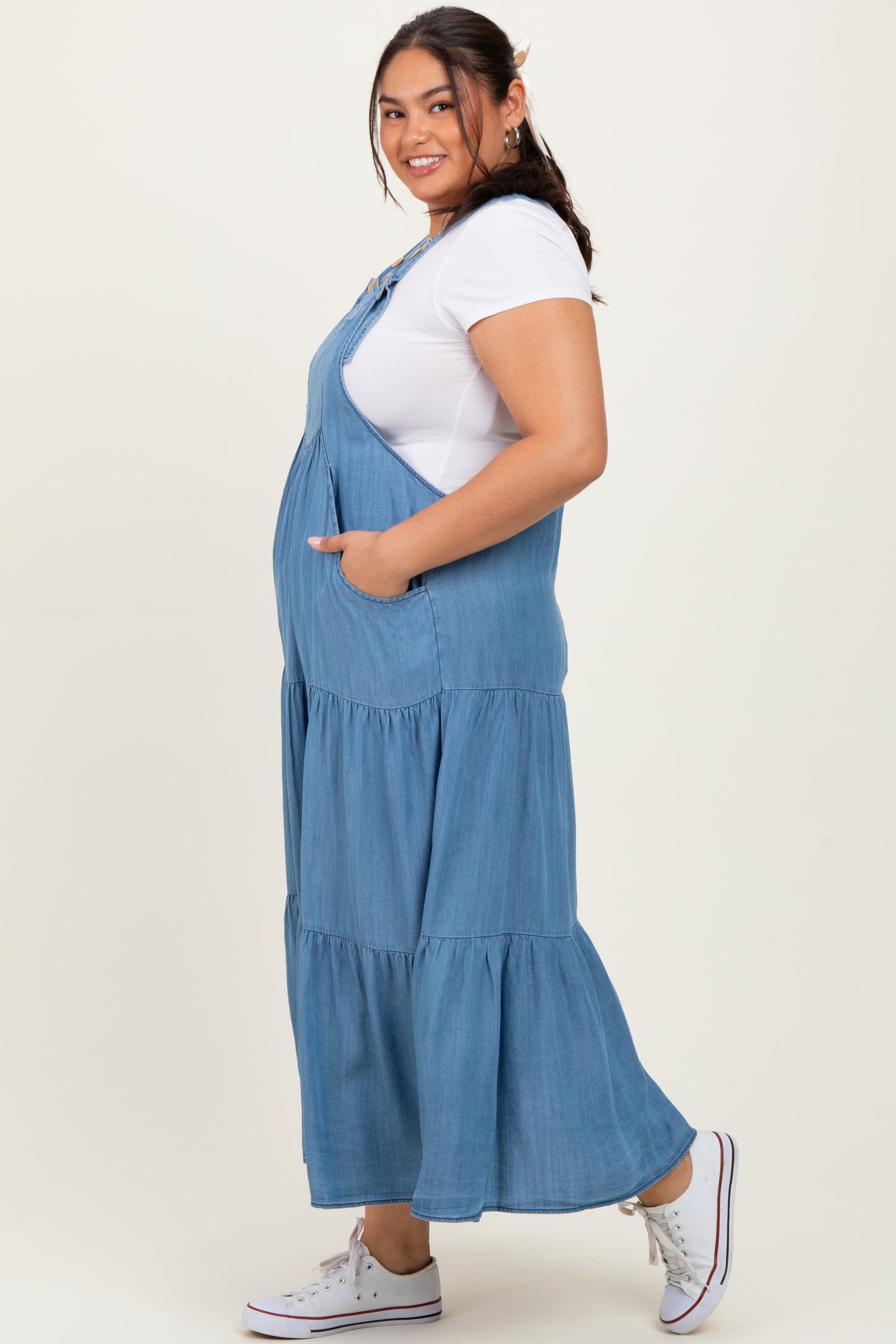 Blue Chambray Overall Tiered Plus Midi Dress