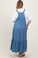 Blue Chambray Overall Tiered Maternity Plus Midi Dress