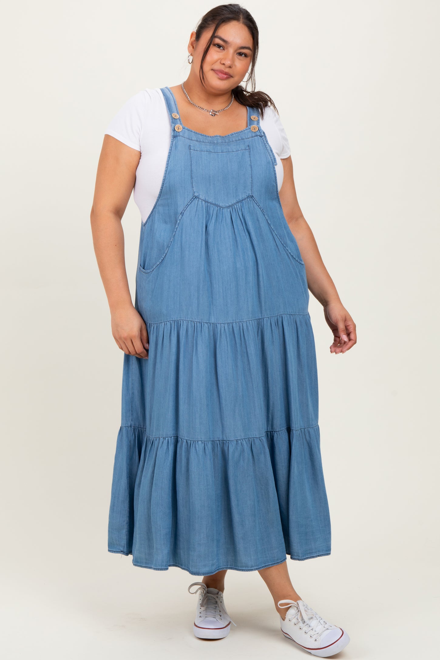 Blue Chambray Overall Tiered Plus Midi Dress