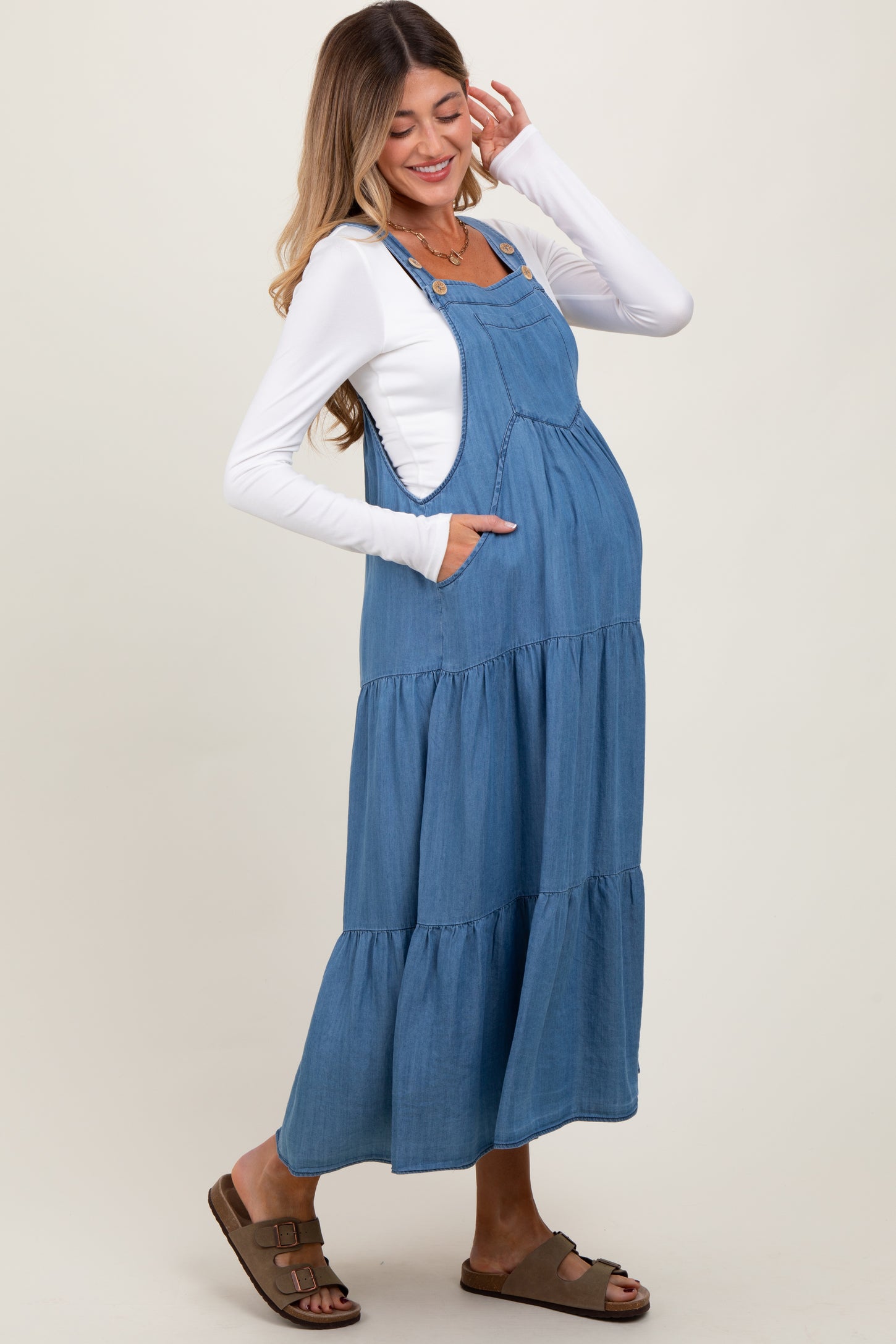 Blue Chambray Overall Tiered Maternity Midi Dress