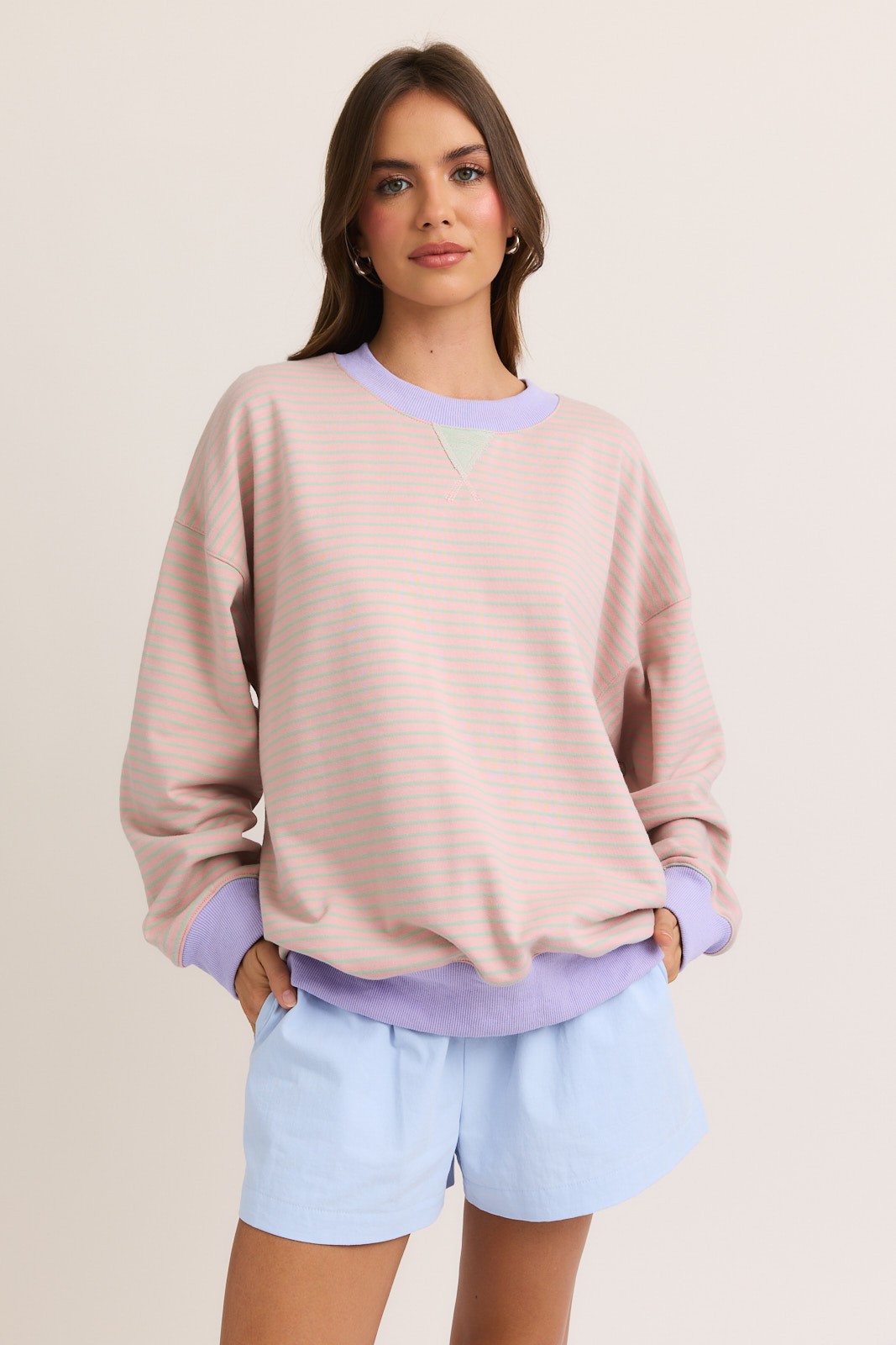Light Pink Striped Crew Neck Oversized Maternity Sweatshirt
