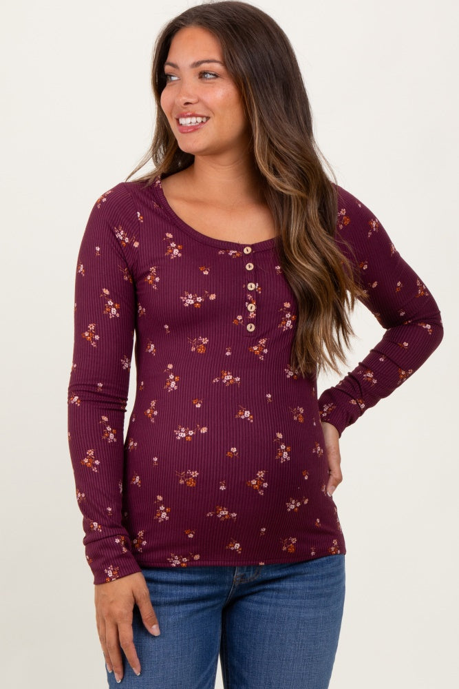 Plum Floral Henley Long Sleeve Maternity Top